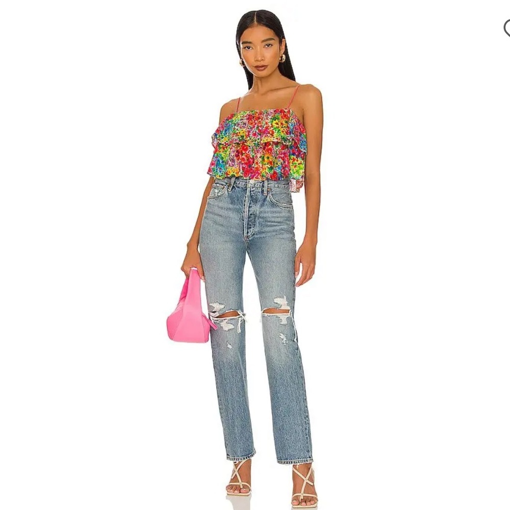 Alice + Olivia Red and Blue Smocked Ruffled Tank Top